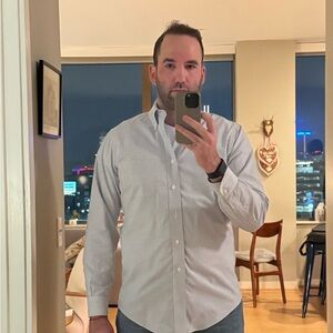 Brooks Brothers White and Gray Striped Dress Shirt - classic fit.